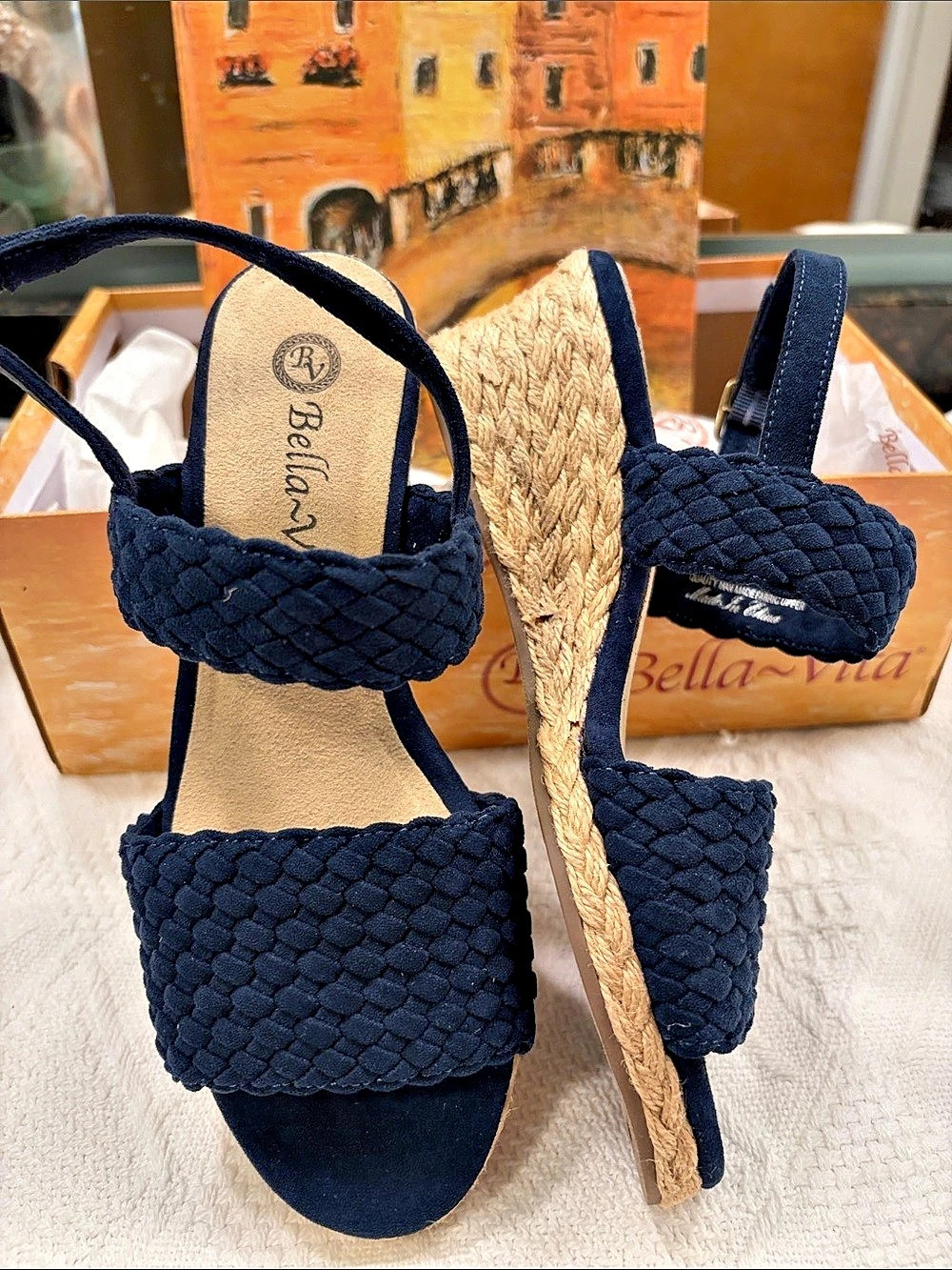 5, Bella Vita Mariella Woven Espadrille Wedges in Blue & Tan US 5, New cute!